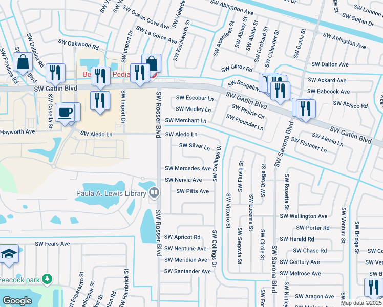 map of restaurants, bars, coffee shops, grocery stores, and more near 2841 Southwest Seaside Road in Port St. Lucie