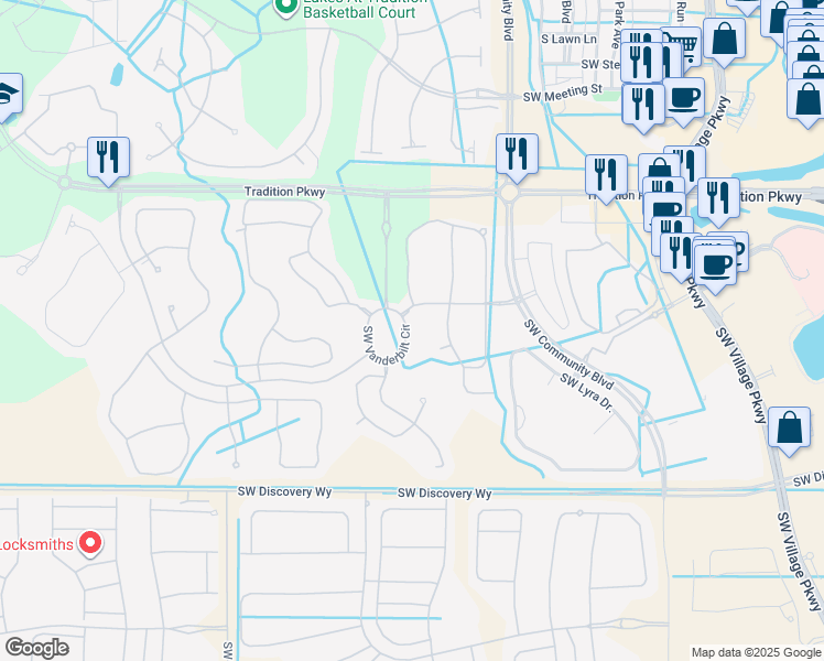 map of restaurants, bars, coffee shops, grocery stores, and more near 11270 Southwest Vanderbilt Circle in Port St. Lucie
