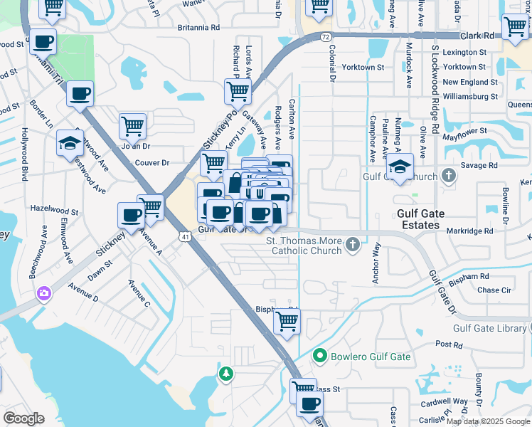 map of restaurants, bars, coffee shops, grocery stores, and more near 6592 Superior Avenue in Sarasota
