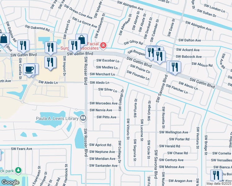 map of restaurants, bars, coffee shops, grocery stores, and more near 1510 Southwest Silver Lane in Port St. Lucie