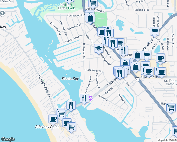 map of restaurants, bars, coffee shops, grocery stores, and more near 6310 Beechwood Avenue in Sarasota