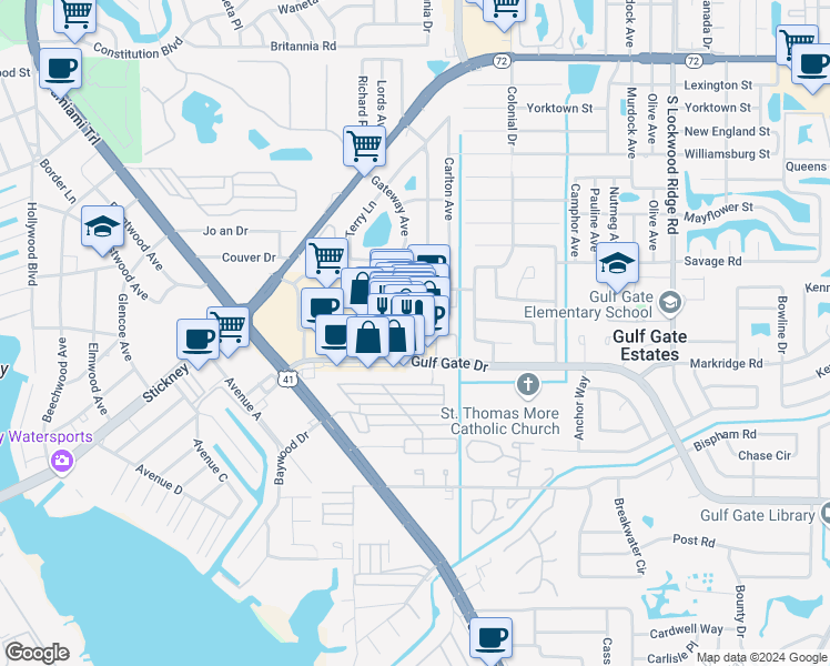 map of restaurants, bars, coffee shops, grocery stores, and more near 6592 Superior Avenue in Sarasota