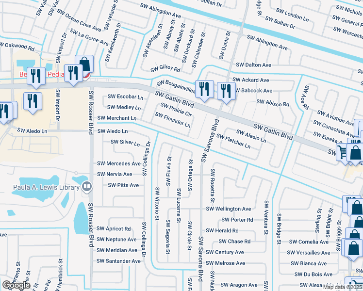 map of restaurants, bars, coffee shops, grocery stores, and more near 2802 Southwest Ortega Street in Port St. Lucie