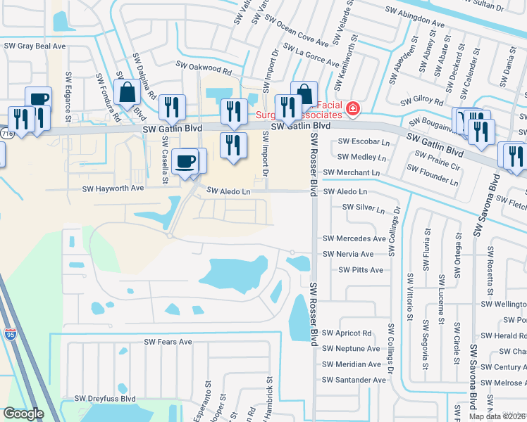 map of restaurants, bars, coffee shops, grocery stores, and more near 1682 Southwest Via Rossa in Port Saint Lucie
