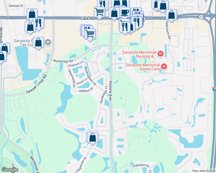 map of restaurants, bars, coffee shops, grocery stores, and more near 6343 Sturbridge Court in Sarasota