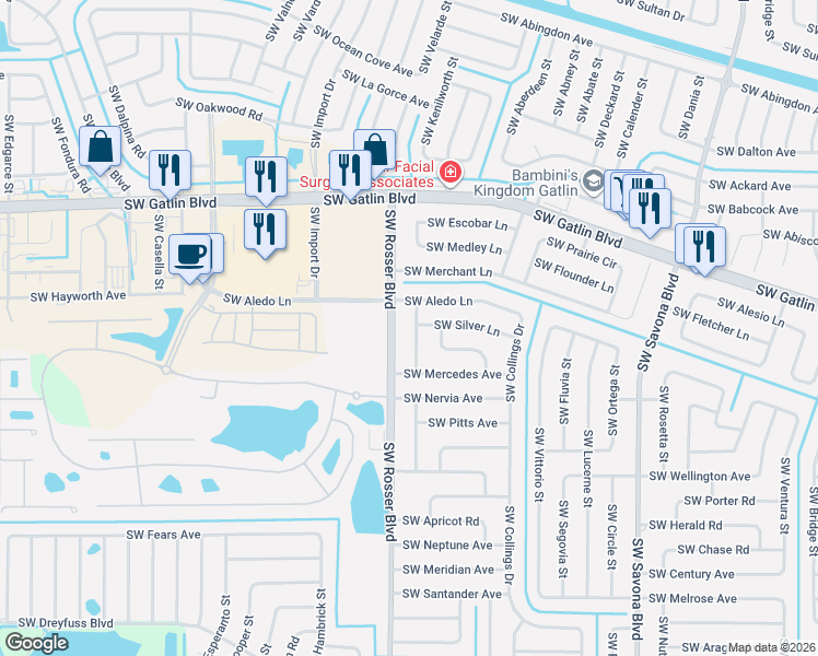 map of restaurants, bars, coffee shops, grocery stores, and more near 2861 Southwest Giralda Street in Port St. Lucie