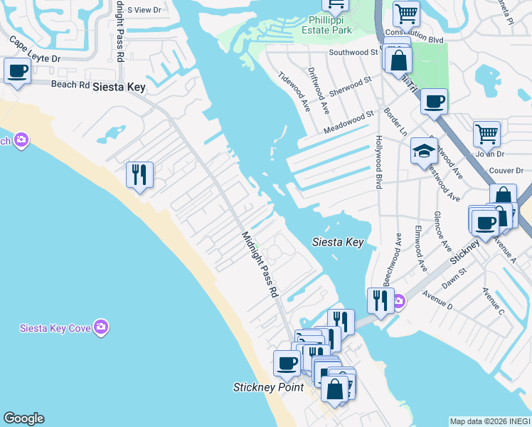 map of restaurants, bars, coffee shops, grocery stores, and more near 1225 Big Oak Lane in Siesta Key