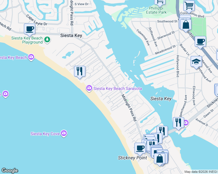 map of restaurants, bars, coffee shops, grocery stores, and more near 1131 Coquille Street in Siesta Key
