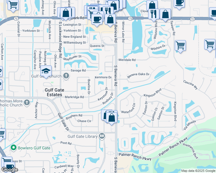 map of restaurants, bars, coffee shops, grocery stores, and more near 6706 Roxbury Drive in Sarasota