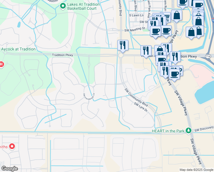 map of restaurants, bars, coffee shops, grocery stores, and more near 11195 Southwest Wyndham Way in Port St. Lucie