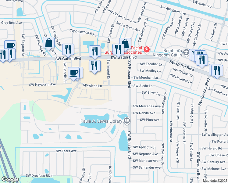 map of restaurants, bars, coffee shops, grocery stores, and more near 1900 Southwest Aledo Lane in Port St. Lucie