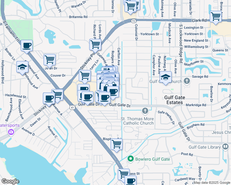 map of restaurants, bars, coffee shops, grocery stores, and more near 6517 Superior Avenue in Sarasota
