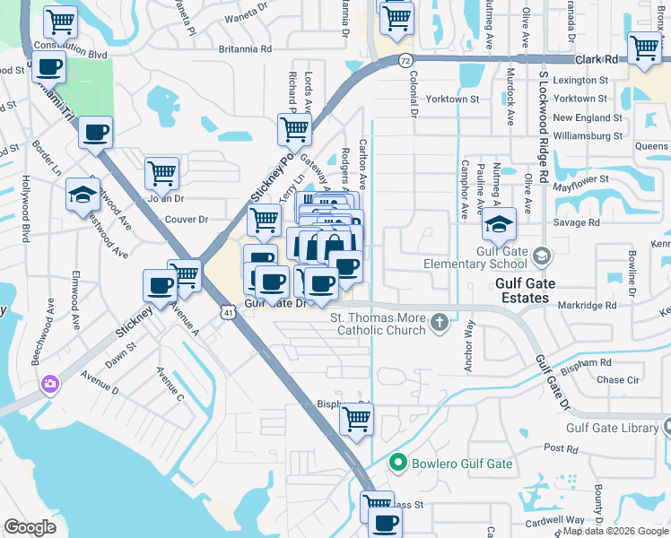 map of restaurants, bars, coffee shops, grocery stores, and more near 6523 Gateway Avenue in Sarasota