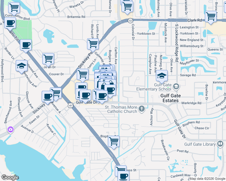 map of restaurants, bars, coffee shops, grocery stores, and more near 6517 Superior Avenue in Sarasota