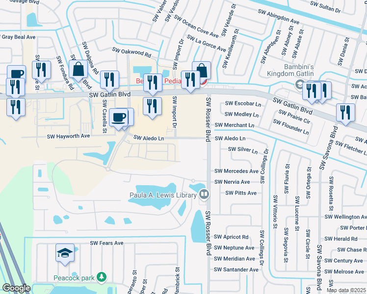 map of restaurants, bars, coffee shops, grocery stores, and more near 1900 Southwest Aledo Lane in Port St. Lucie