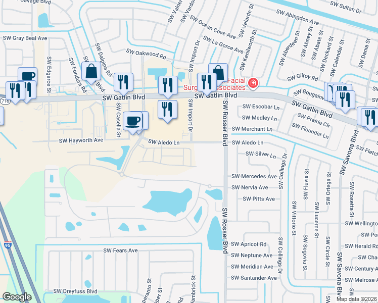 map of restaurants, bars, coffee shops, grocery stores, and more near 1706 Southwest Via Rossa in Port St. Lucie