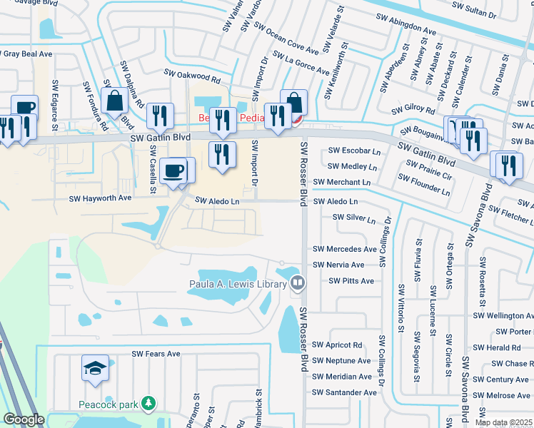 map of restaurants, bars, coffee shops, grocery stores, and more near 1900 Southwest Aledo Lane in Port St. Lucie