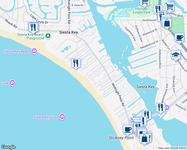 map of restaurants, bars, coffee shops, grocery stores, and more near 9 Casarina in Siesta Key