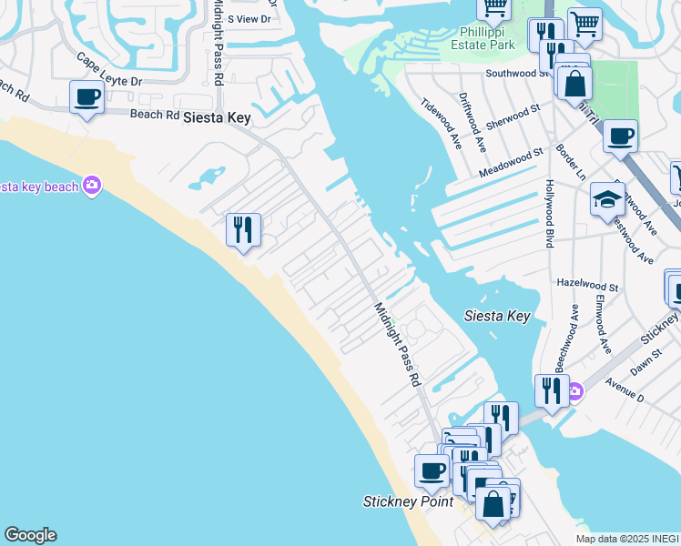 map of restaurants, bars, coffee shops, grocery stores, and more near 1167 West Peppertree Drive in Siesta Key
