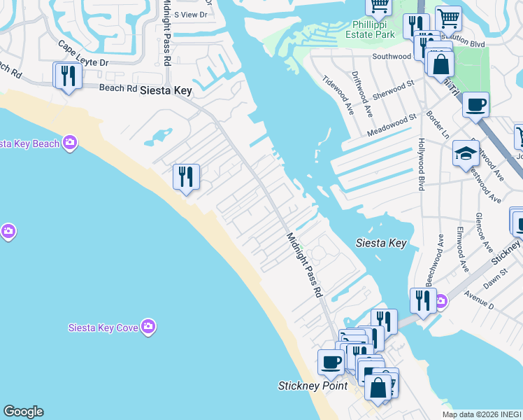 map of restaurants, bars, coffee shops, grocery stores, and more near 1136 West Peppertree Drive in Sarasota