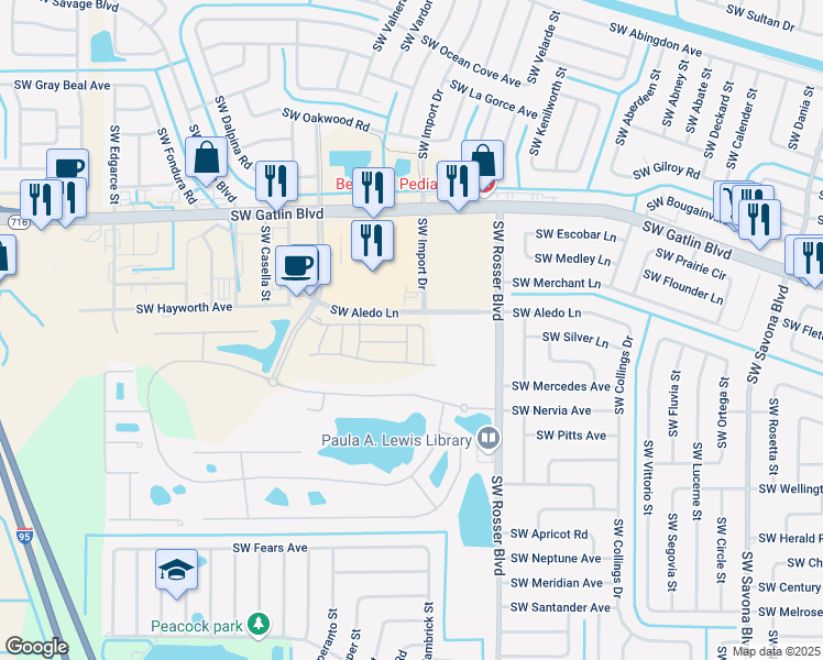 map of restaurants, bars, coffee shops, grocery stores, and more near 1721 Southwest Via Rossa in Port St. Lucie