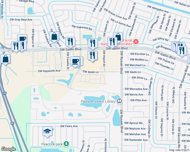 map of restaurants, bars, coffee shops, grocery stores, and more near 1801 Southwest Via Rossa in Port St. Lucie