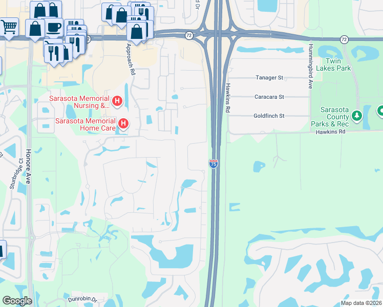 map of restaurants, bars, coffee shops, grocery stores, and more near 5934 Anise Drive in Sarasota