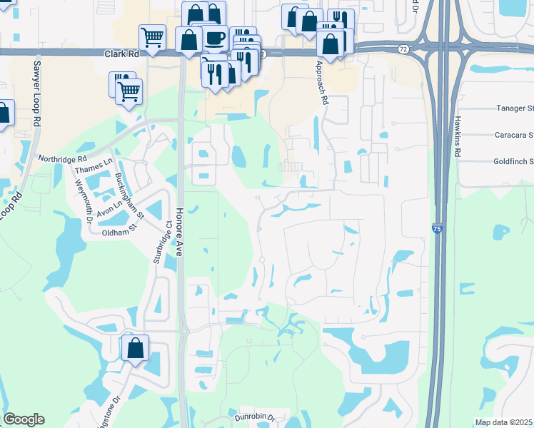 map of restaurants, bars, coffee shops, grocery stores, and more near 6475 Approach Road in Sarasota