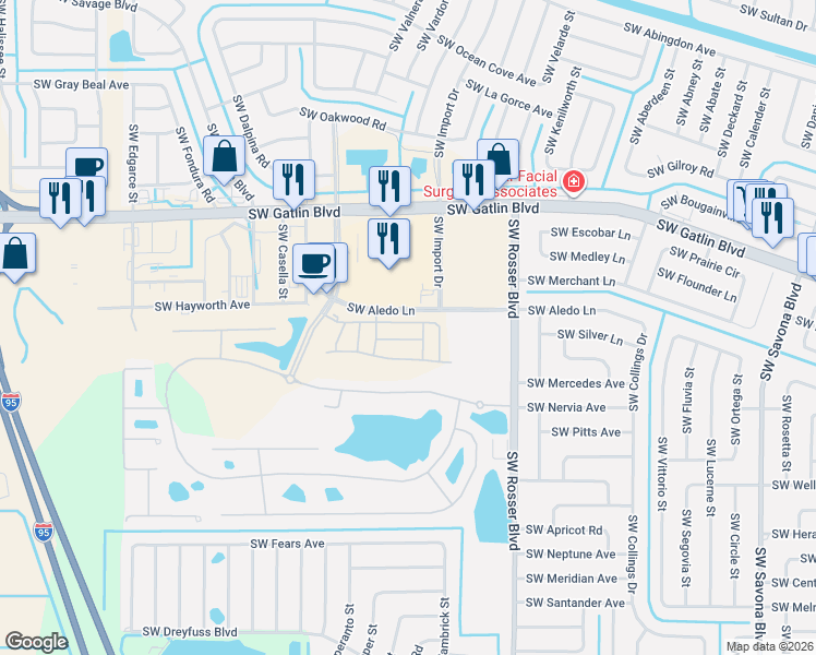 map of restaurants, bars, coffee shops, grocery stores, and more near 1764 Southwest Via Rossa in Port St. Lucie