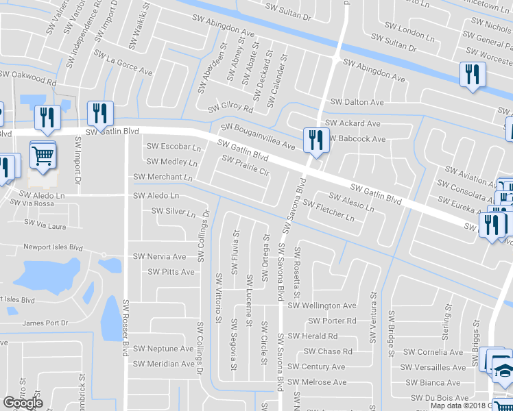 map of restaurants, bars, coffee shops, grocery stores, and more near 1422 Southwest Merchant Lane in Port St. Lucie