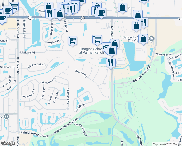 map of restaurants, bars, coffee shops, grocery stores, and more near Bellussi Drive in Sarasota