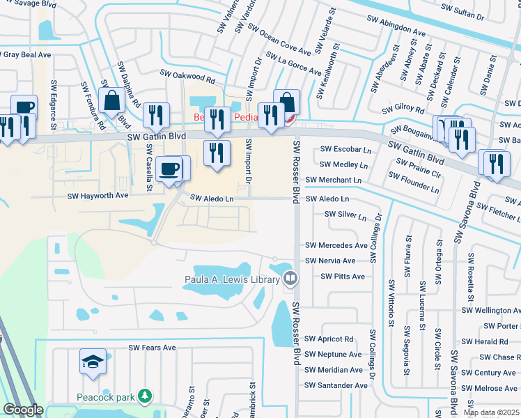 map of restaurants, bars, coffee shops, grocery stores, and more near 1900 Southwest Aledo Lane in Port St. Lucie