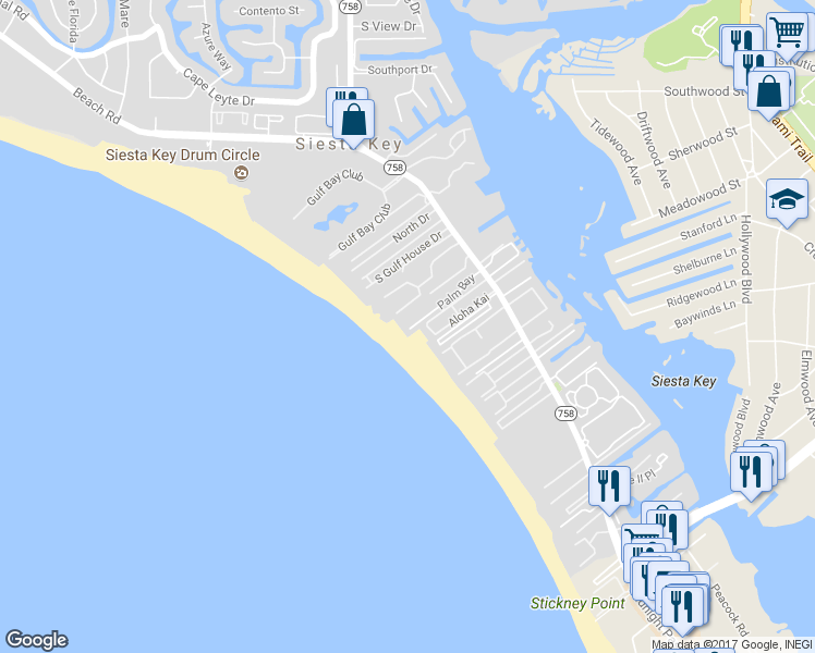 map of restaurants, bars, coffee shops, grocery stores, and more near 1060 Windsong Lane in Siesta Key
