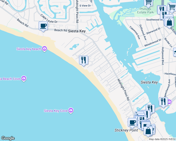 map of restaurants, bars, coffee shops, grocery stores, and more near 5966 Midnight Pass Road in Siesta Key