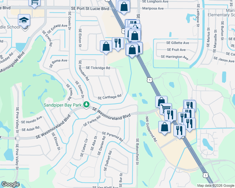 map of restaurants, bars, coffee shops, grocery stores, and more near 2686 Southeast Carthage Road in Port St. Lucie