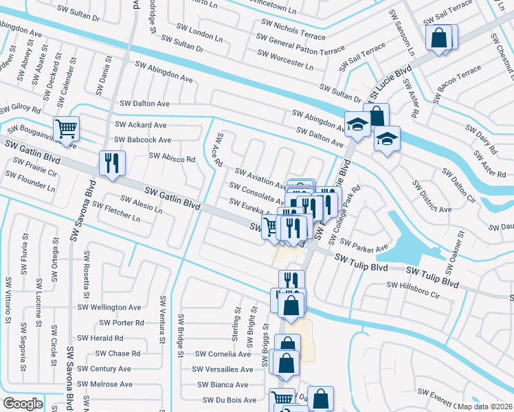 map of restaurants, bars, coffee shops, grocery stores, and more near 1025 Southwest Eureka Avenue in Port St. Lucie