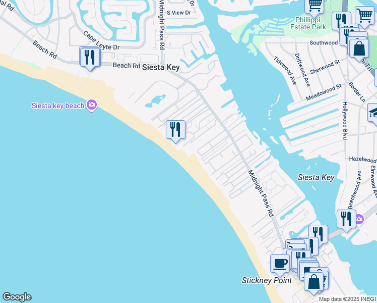 map of restaurants, bars, coffee shops, grocery stores, and more near 1060 Windsong Lane in Siesta Key