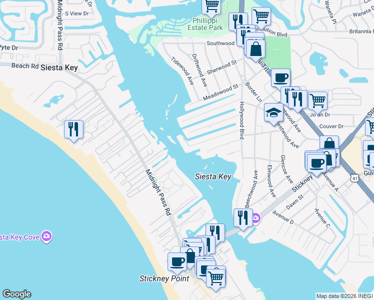 map of restaurants, bars, coffee shops, grocery stores, and more near 1412 Ridgewood Lane in Sarasota