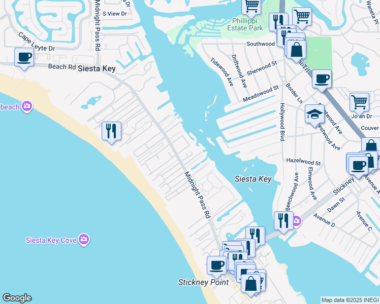 map of restaurants, bars, coffee shops, grocery stores, and more near 1255 East Peppertree Drive in Siesta Key