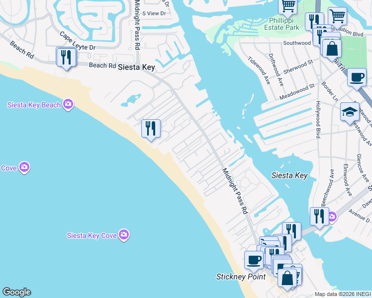 map of restaurants, bars, coffee shops, grocery stores, and more near 9 Casarina in Siesta Key