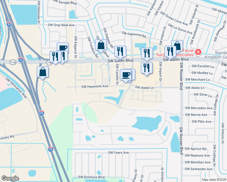 map of restaurants, bars, coffee shops, grocery stores, and more near 1952 Southwest Hayworth Avenue in Port St. Lucie