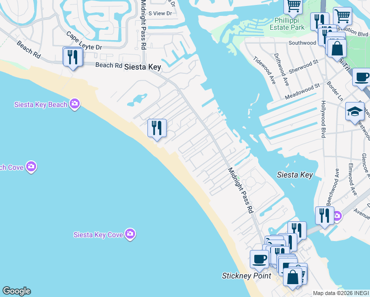 map of restaurants, bars, coffee shops, grocery stores, and more near 9 Casarina in Siesta Key