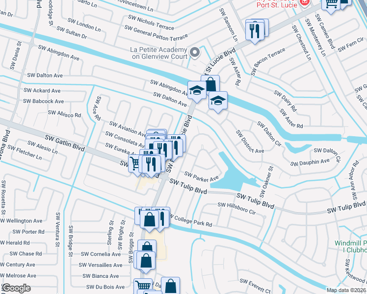 map of restaurants, bars, coffee shops, grocery stores, and more near 2749 Southwest Port Saint Lucie Boulevard in Port St. Lucie