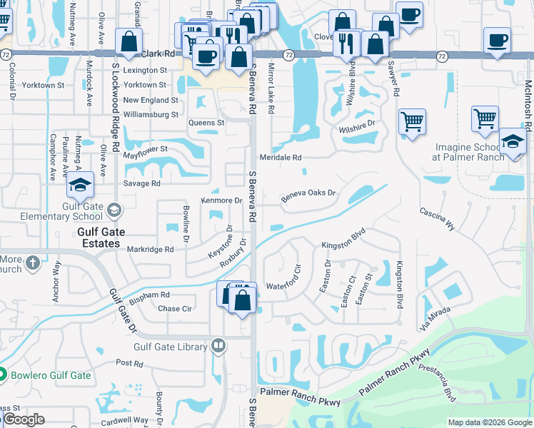 map of restaurants, bars, coffee shops, grocery stores, and more near 6447 Woodbirch Place in Sarasota