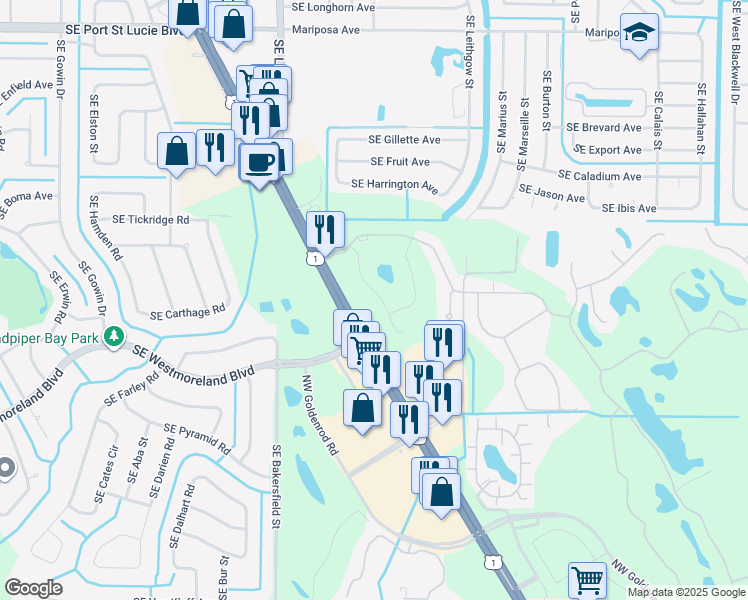 map of restaurants, bars, coffee shops, grocery stores, and more near 4585 Northwest King Court in Jensen Beach