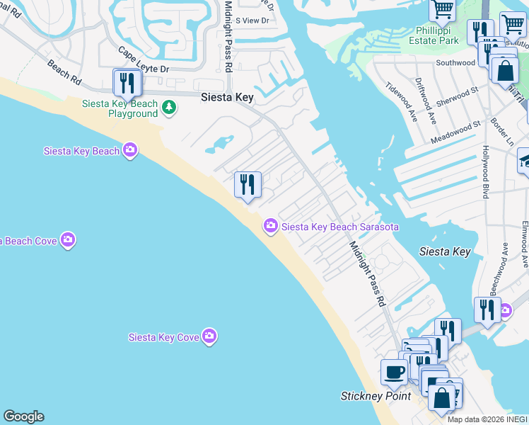 map of restaurants, bars, coffee shops, grocery stores, and more near 5966 Midnight Pass Road in Siesta Key
