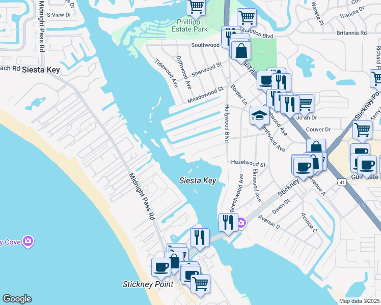 map of restaurants, bars, coffee shops, grocery stores, and more near 1506 Ridgewood Lane in Sarasota