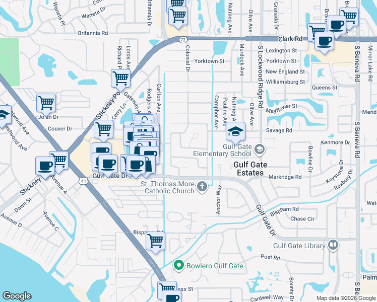 map of restaurants, bars, coffee shops, grocery stores, and more near 2652 White Sands Drive in Sarasota
