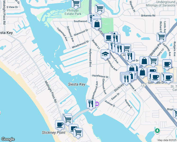 map of restaurants, bars, coffee shops, grocery stores, and more near 1666 Baywinds Lane in Sarasota