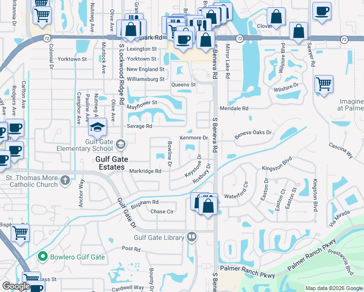 map of restaurants, bars, coffee shops, grocery stores, and more near 3344 Kenmore Drive in Sarasota